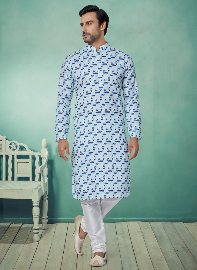 Dhupion Silk Light Blue,multi Festival Wear Printed Readymade Kurta Pajama